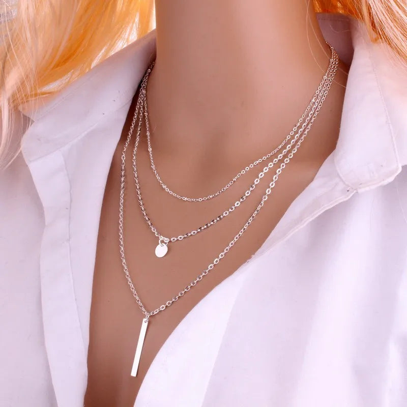 European And American Fashion Jewelry New Copper Bead Chain Sequin Metal Strip Necklace Multi-layer Round 1 Word Long Necklace